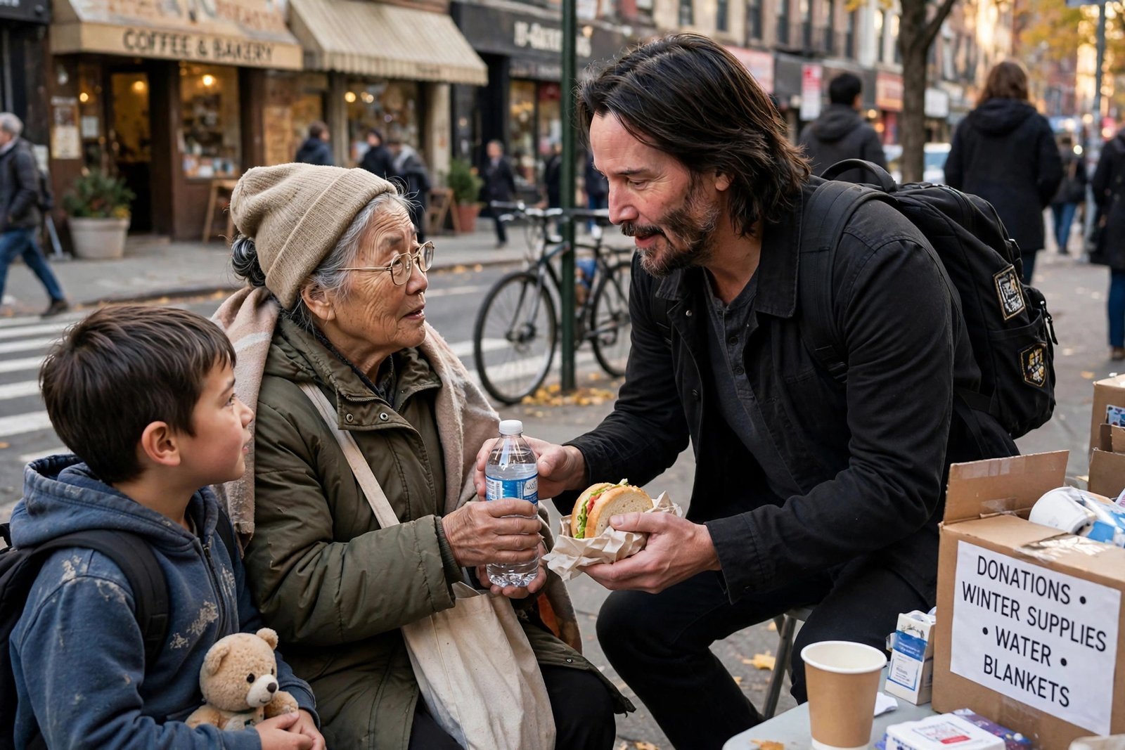 Keanu Reeves smiling, the generous star known for his kindness
